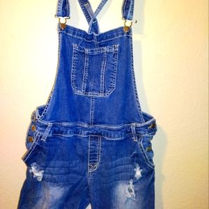 Distressed blue jean overalls. Size Xlr